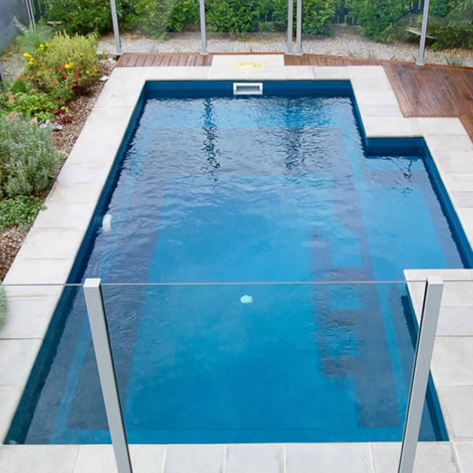 The Nirvana pool is a fibreglass plunge pool seen here in Mediterranean colour. Its perfect for compact areas.